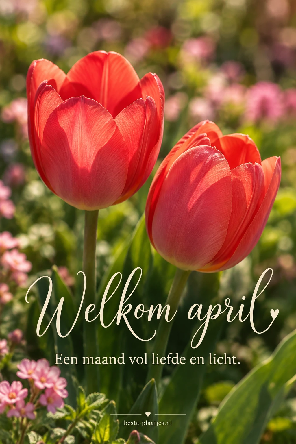 Twee koraalrode tulpen bloeien in een zonnige tuin.
