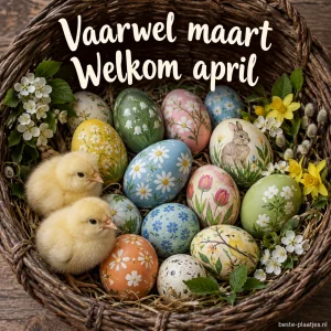 Twee kuikentjes zitten tussen beschilderde eieren in een gevlochten mand.