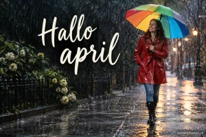 Een vrouw met een kleurrijke paraplu wandelt in de regen over een natte straat.