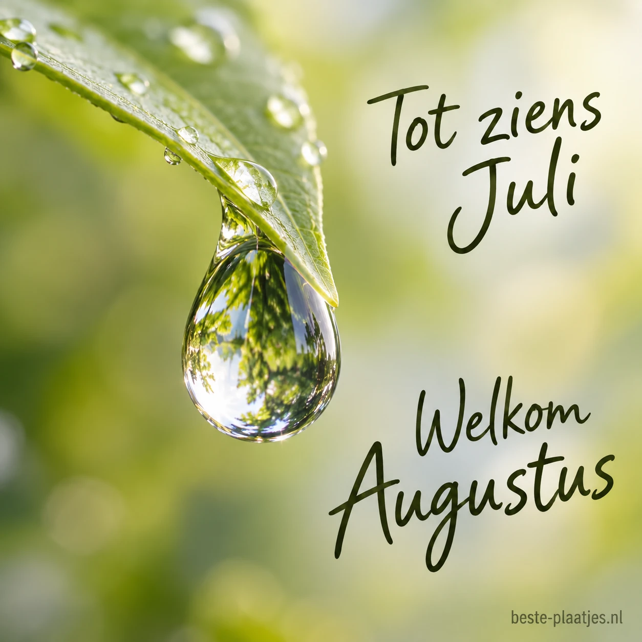 Een heldere waterdruppel hangt aan een groen blad. Een heldere waterdruppel hangt aan een groen blad.