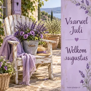 Een oude tuinstoel met paarse bloemen staat op een zonnig terras.
