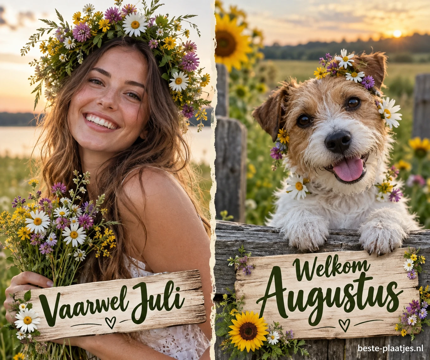 Een vrouw met bloemenkrans en een kleine hond vormen samen een zomercollage. Een vrouw met bloemenkrans en een kleine hond vormen samen een zomercollage.
