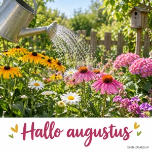 Een gieter geeft water aan kleurrijke bloemen in een tuin.