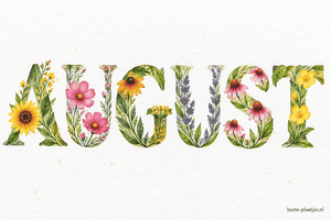 Aquarelbloemen vullen grote letters op wit papier.