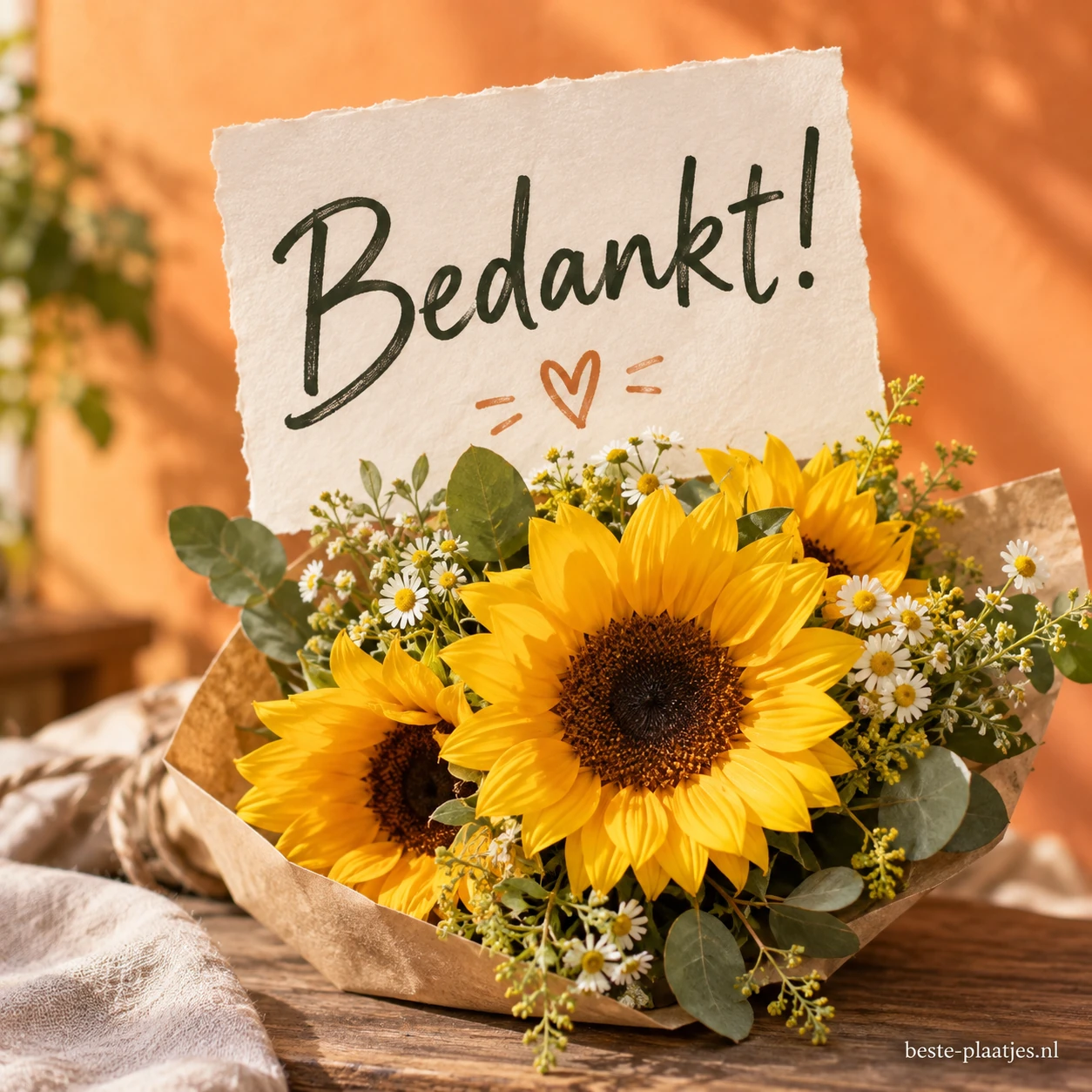 Een boeket zonnebloemen staat onder een handgeschreven bedankkaart. Een boeket zonnebloemen staat onder een handgeschreven bedankkaart.