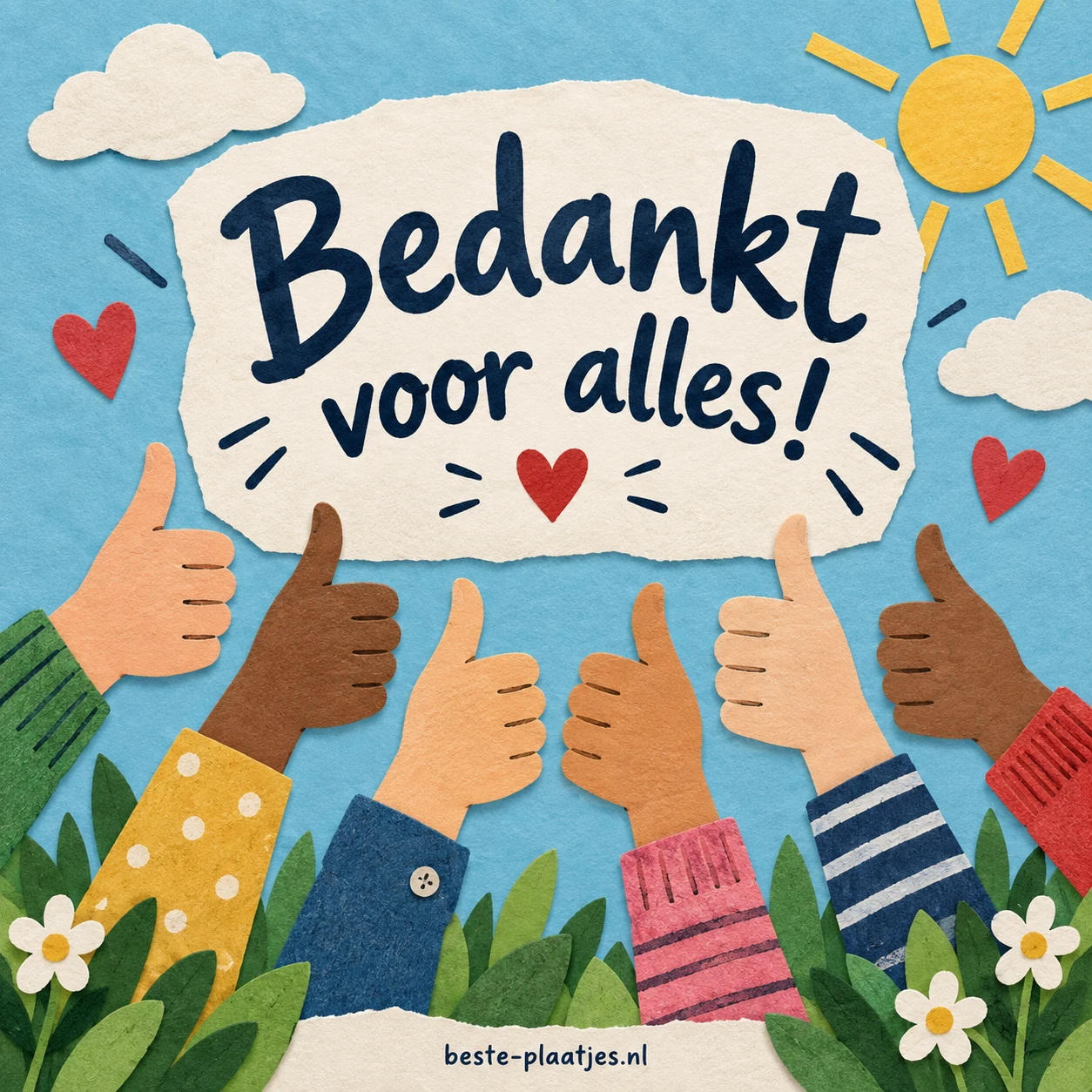 Verschillende handen steken een duim op onder een bedankwens. Verschillende handen steken een duim op onder een bedankwens.