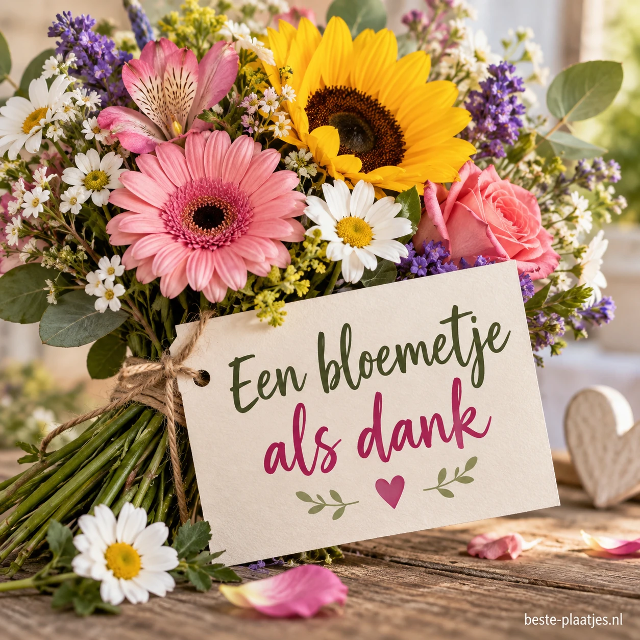 Een bont boeket bloemen draagt een kaartje met een dankwoord. Een bont boeket bloemen draagt een kaartje met een dankwoord.