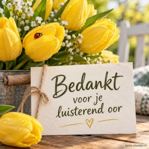Gele tulpen met dauwdruppels staan naast een kaart voor een luisterend oor.