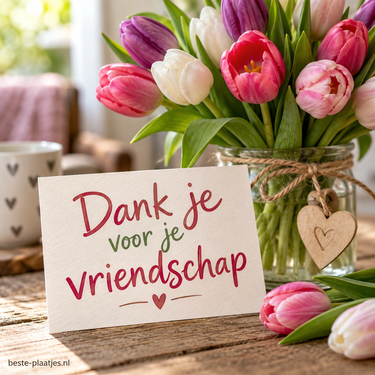 Een boeket roze tulpen staat bij een dankwoord voor vriendschap. Een boeket roze tulpen staat bij een dankwoord voor vriendschap.