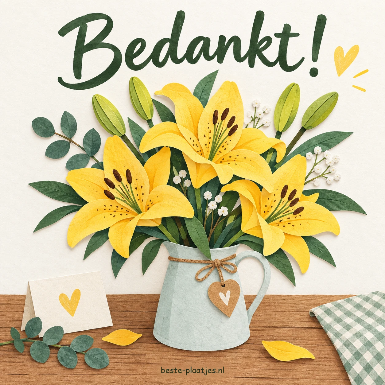 Gele lelies staan in een lichte vaas naast een bedankwens. Gele lelies staan in een lichte vaas naast een bedankwens.