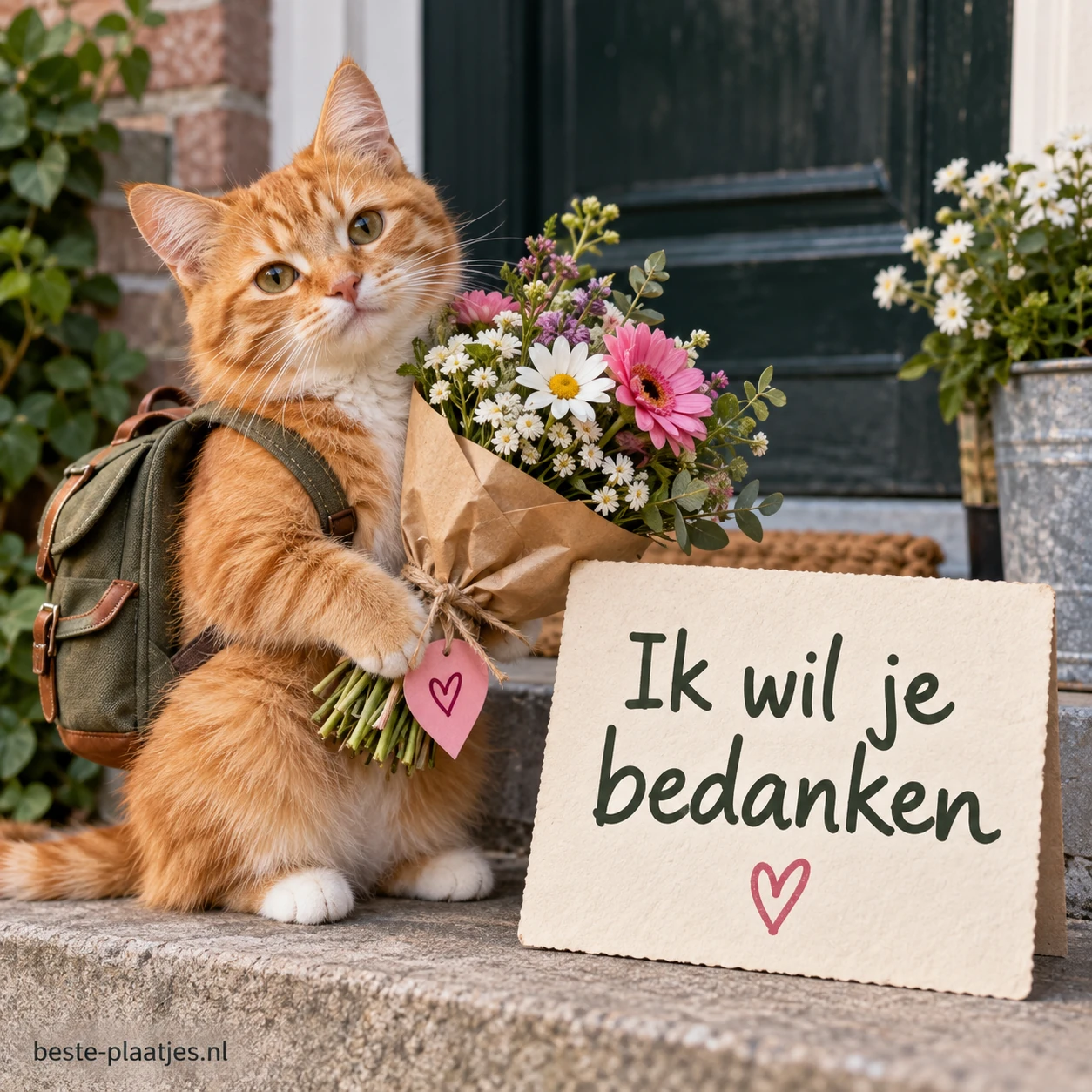 Een oranje kat met rugzak zit naast een kleurrijk boeket. Een oranje kat met rugzak zit naast een kleurrijk boeket.