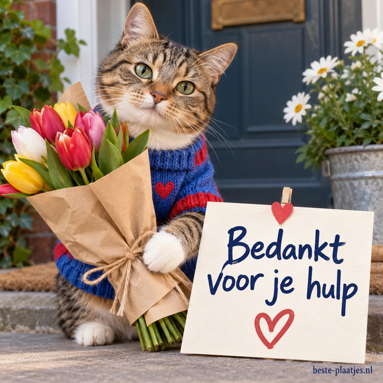 Een gestreepte kat houdt een boeket tulpen vast als dank voor hulp. Een gestreepte kat houdt een boeket tulpen vast als dank voor hulp.