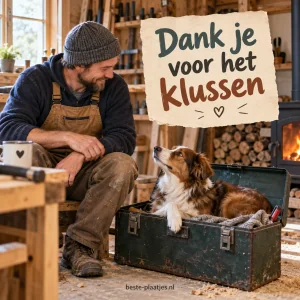 Een klusser kijkt glimlachend naar een hond in de gereedschapskist.