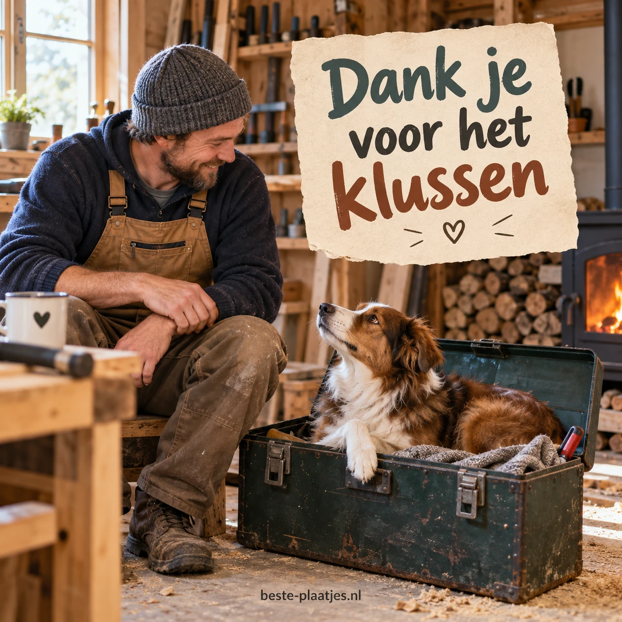 Een klusser kijkt glimlachend naar een hond in de gereedschapskist. Een klusser kijkt glimlachend naar een hond in de gereedschapskist.