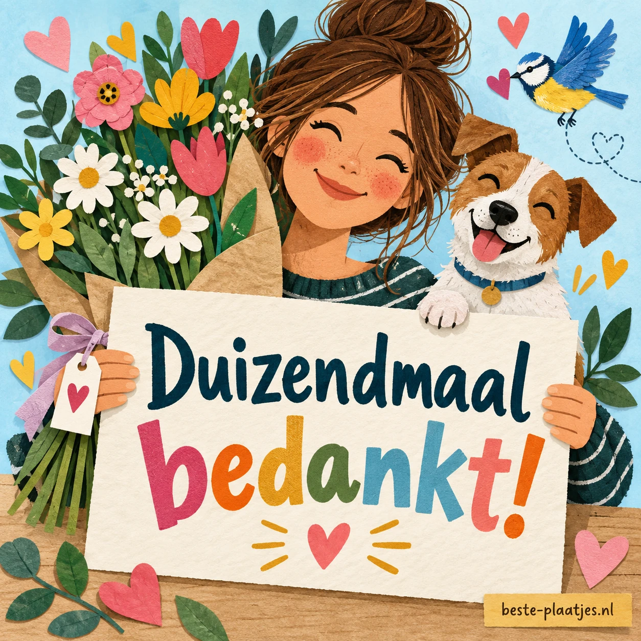 Een vrolijk meisje en haar hond houden een groot boeket en dankjewelkaart vast. Een vrolijk meisje en haar hond houden een groot boeket en dankjewelkaart vast.