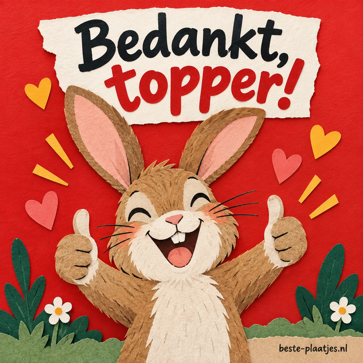 Een blij konijn steekt beide duimen op onder een bedankwens. Een blij konijn steekt beide duimen op onder een bedankwens.