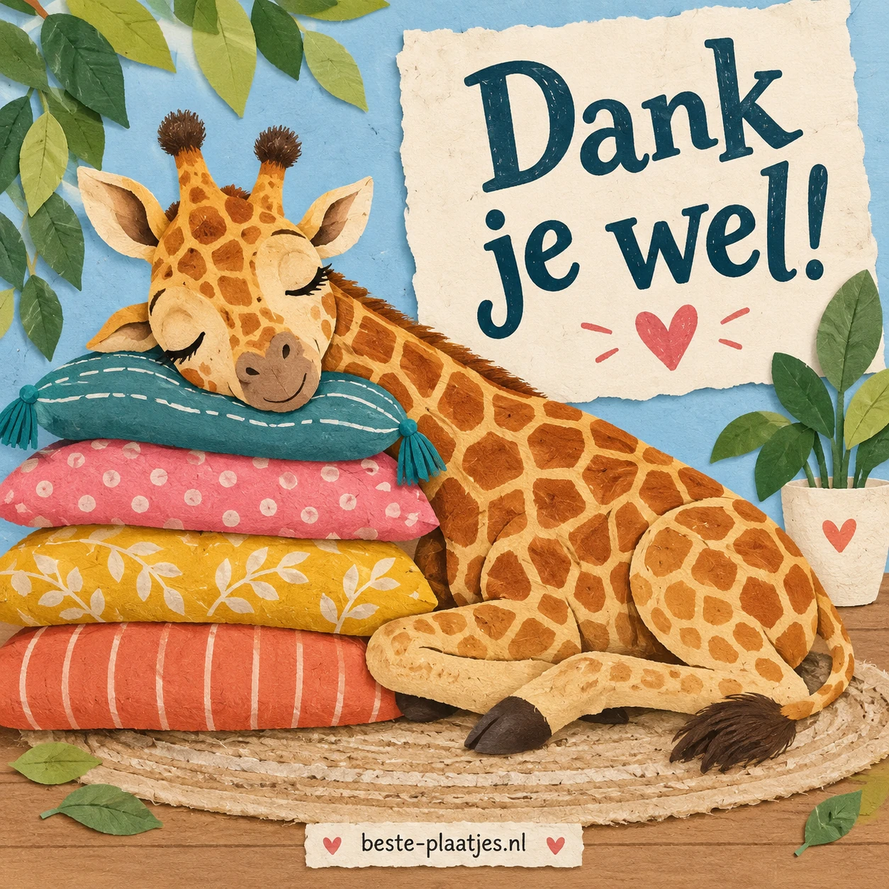 Een slapende giraffe ligt tegen een stapel kleurrijke handdoeken. Een slapende giraffe ligt tegen een stapel kleurrijke handdoeken.