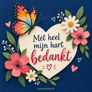 Een vlinder en bloemen omlijsten een hartvormig dankwoord.