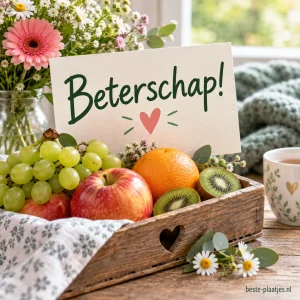 Een mand met vers fruit en bloemen staat naast een beterschapskaart.