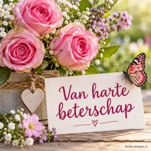Roze rozen en een vlinder omlijsten een beterschapswens.