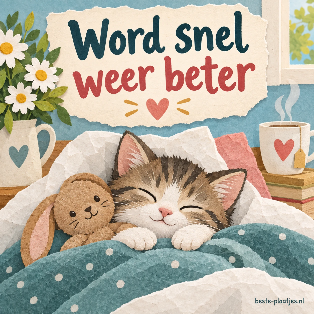Een slapend katje ligt onder een deken met een zachte beterschapswens. Een slapend katje ligt onder een deken met een zachte beterschapswens.