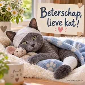 Een grijze kat met verband om hoofd en poot rust onder een deken.