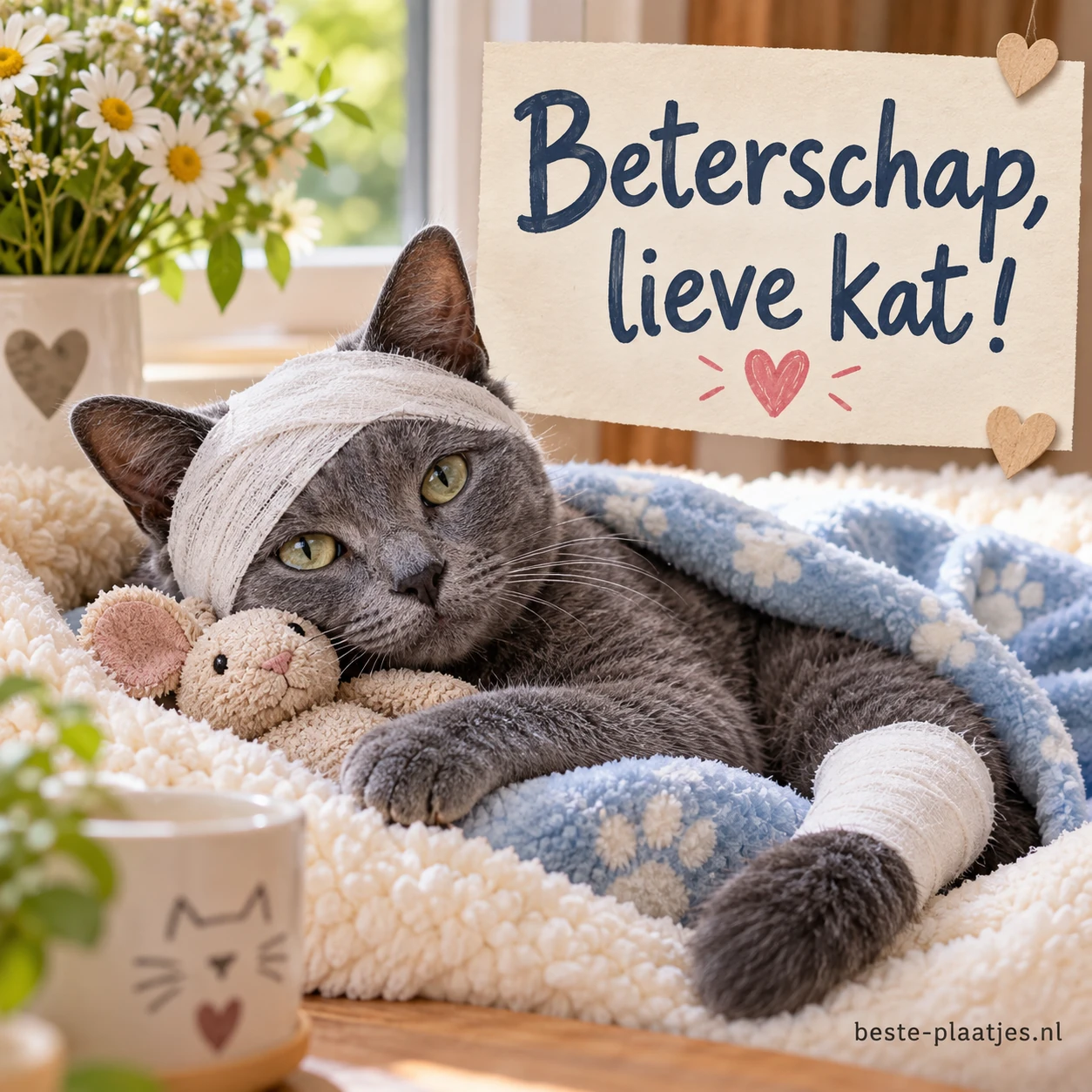 Een grijze kat met verband om hoofd en poot rust onder een deken. Een grijze kat met verband om hoofd en poot rust onder een deken.