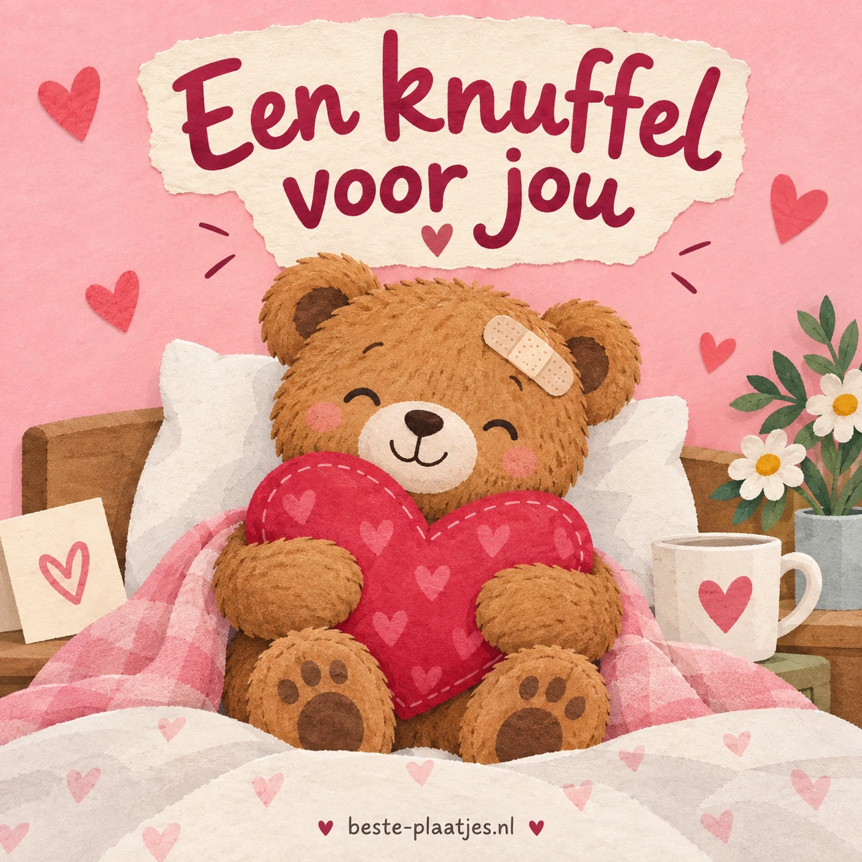 Een teddybeer met pleister zit in bed met een rood hart. Een teddybeer met pleister zit in bed met een rood hart.