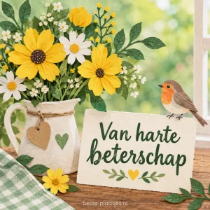 Gele bloemen en een roodborstje staan bij een beterschapswens.