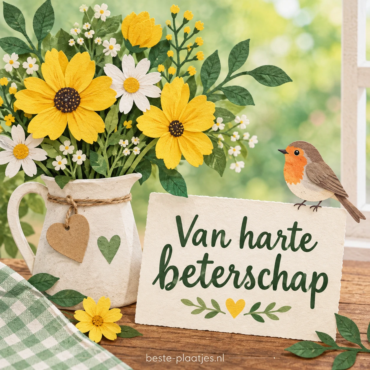 Gele bloemen en een roodborstje staan bij een beterschapswens. Gele bloemen en een roodborstje staan bij een beterschapswens.