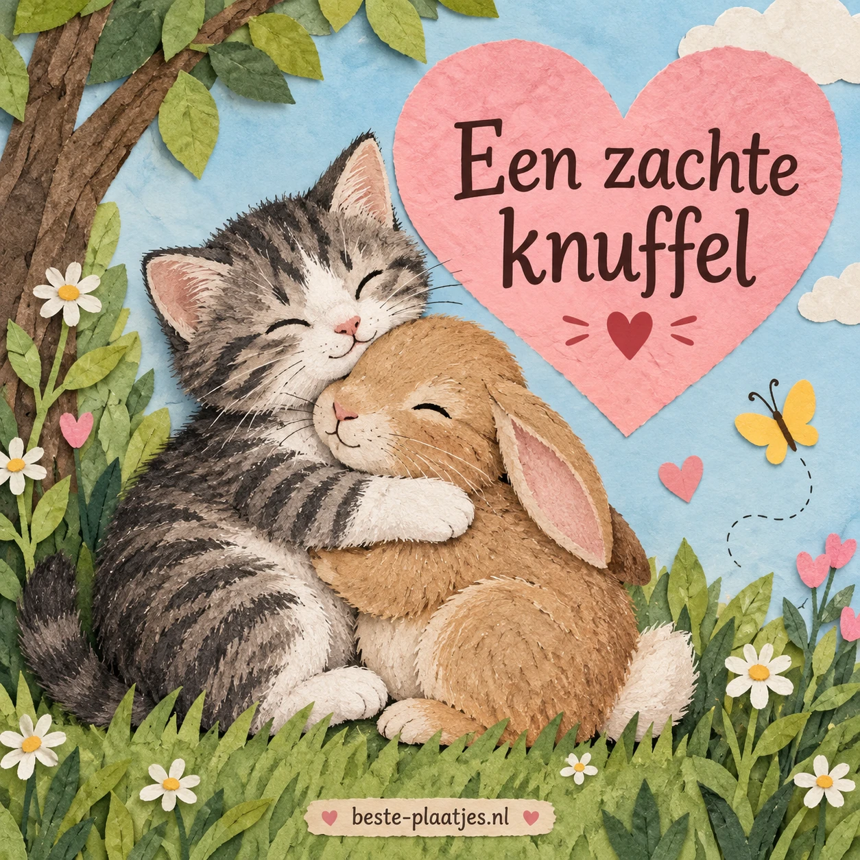 Een katje knuffelt een konijn in een tuin vol bloemen. Een katje knuffelt een konijn in een tuin vol bloemen.