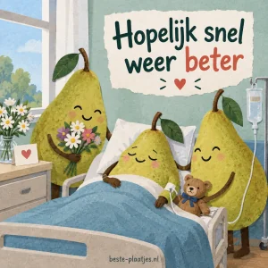 Een zieke peer ligt in een ziekenhuisbed naast twee vriendelijke peren.