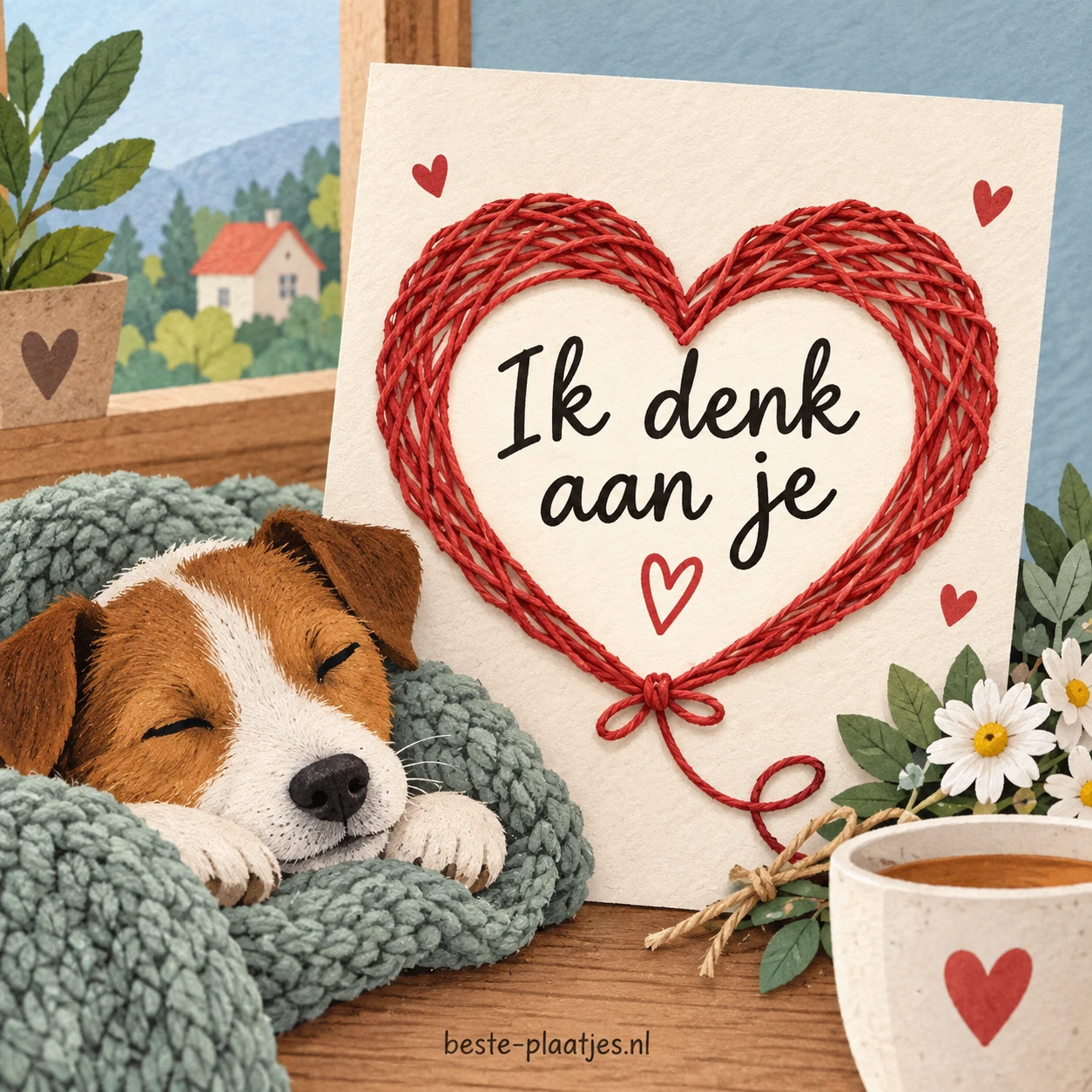 Een rode hartvorm van draad staat naast een slapende hond en een kop thee. Een rode hartvorm van draad staat naast een slapende hond en een kop thee.