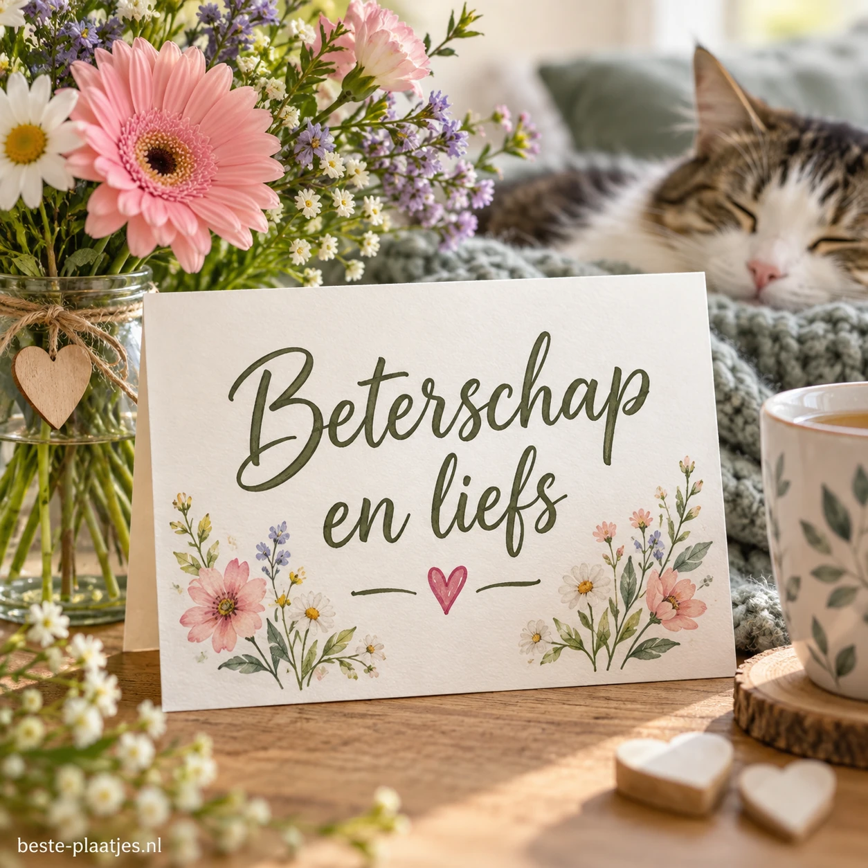 Een slapende kat ligt achter een kaart vol bloemen en lieve woorden. Een slapende kat ligt achter een kaart vol bloemen en lieve woorden.