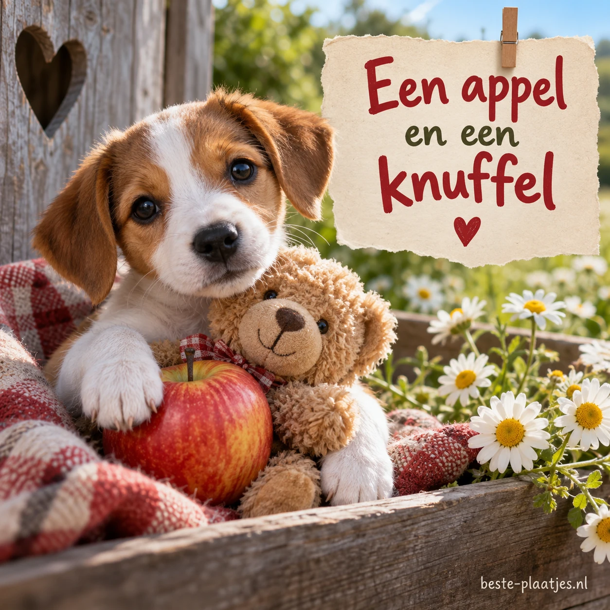 Een puppy houdt een appel vast naast een teddybeer en madeliefjes. Een puppy houdt een appel vast naast een teddybeer en madeliefjes.