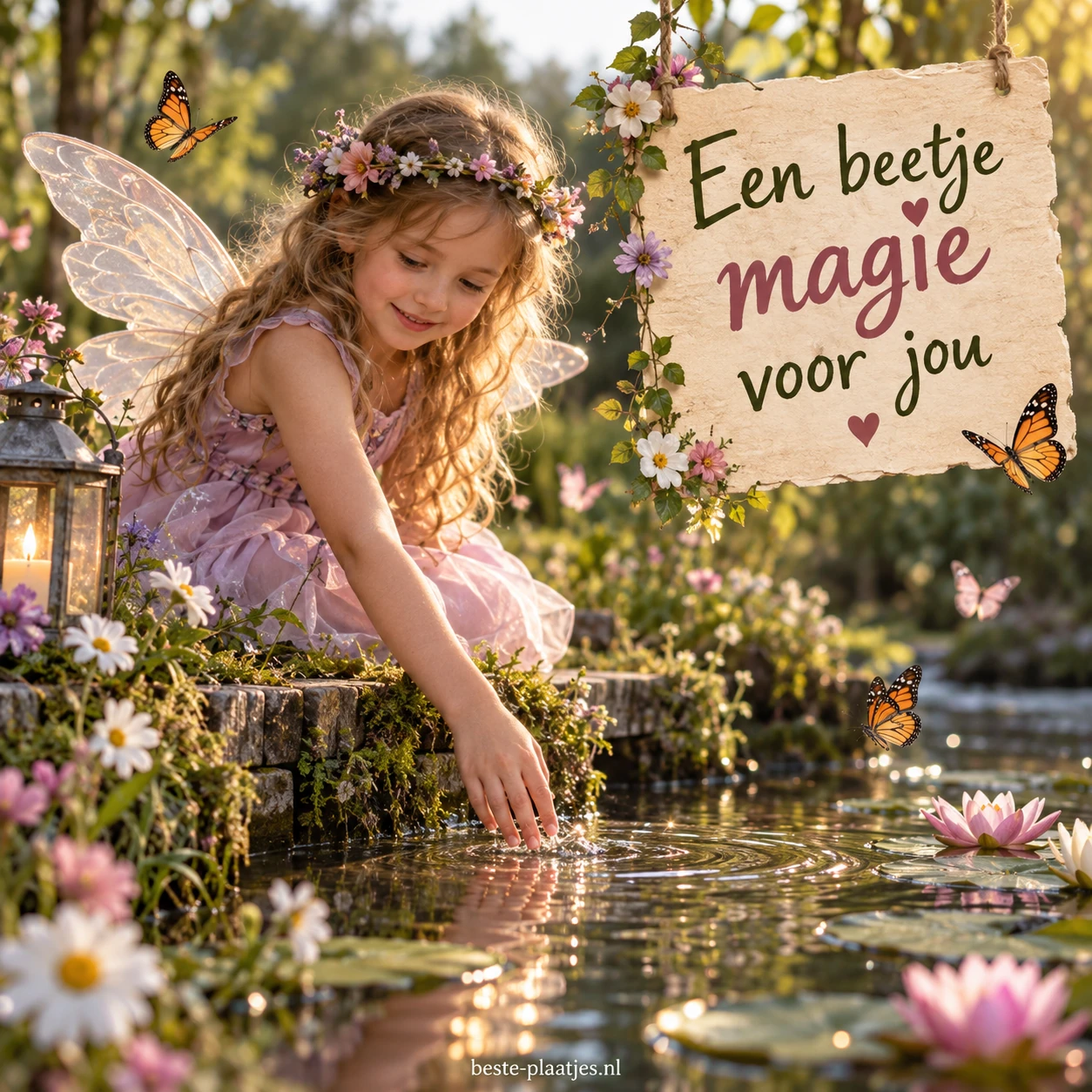 Een meisje als fee zit bij het water tussen bloemen en vlinders. Een meisje als fee zit bij het water tussen bloemen en vlinders.