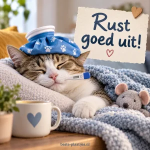Een kat rust met een koud kompres en thermometer onder een deken.