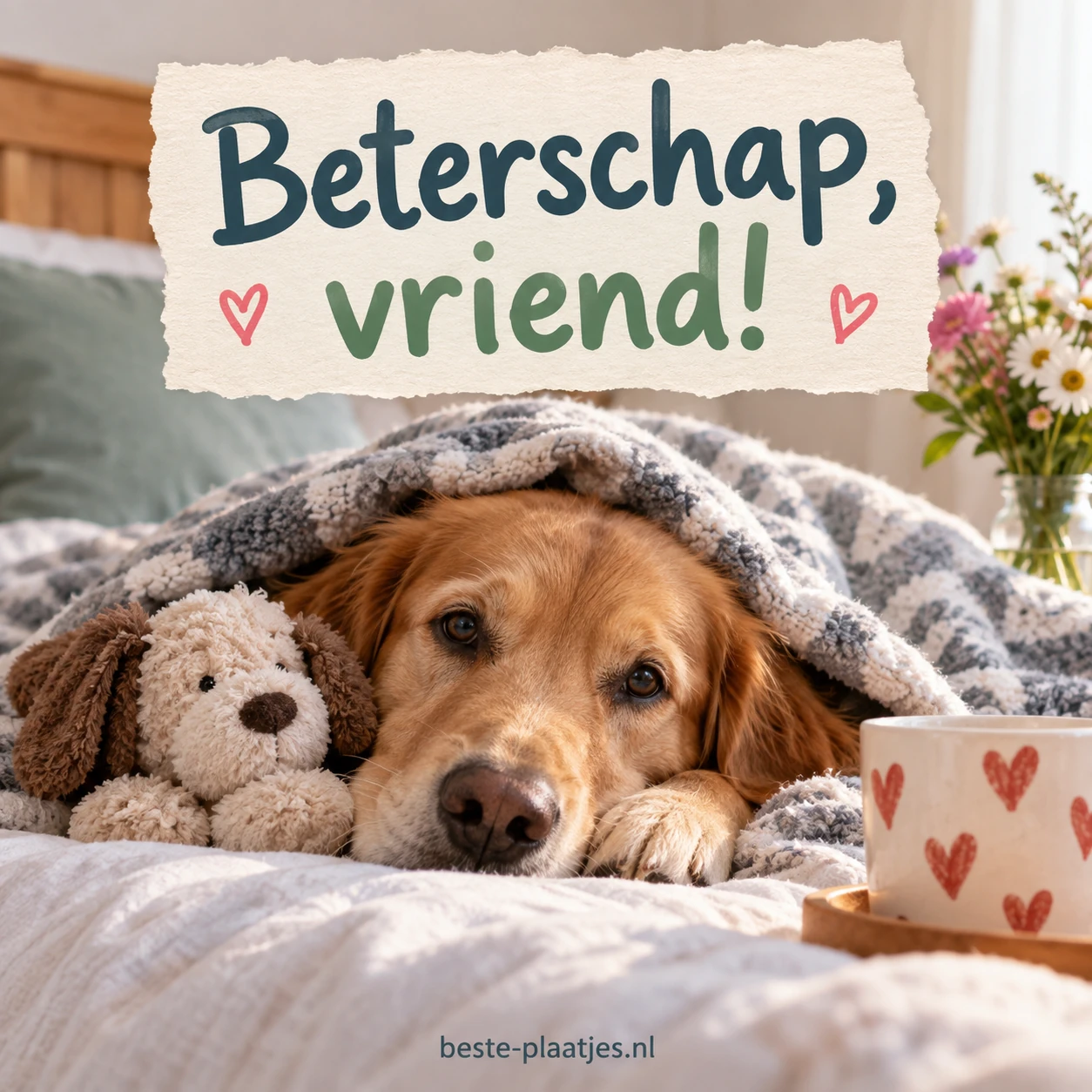 Een hond ligt met zijn teddybeer onder een zachte deken. Een hond ligt met zijn teddybeer onder een zachte deken.