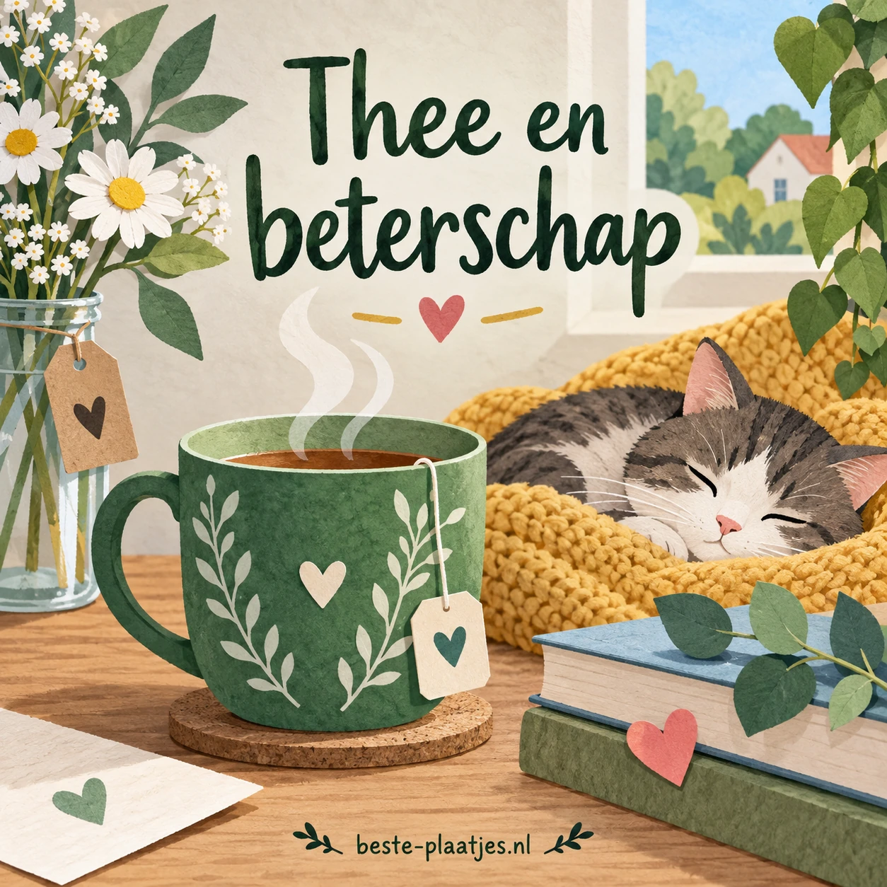 Een dampende groene kop thee staat bij een rustend katje. Een dampende groene kop thee staat bij een rustend katje.