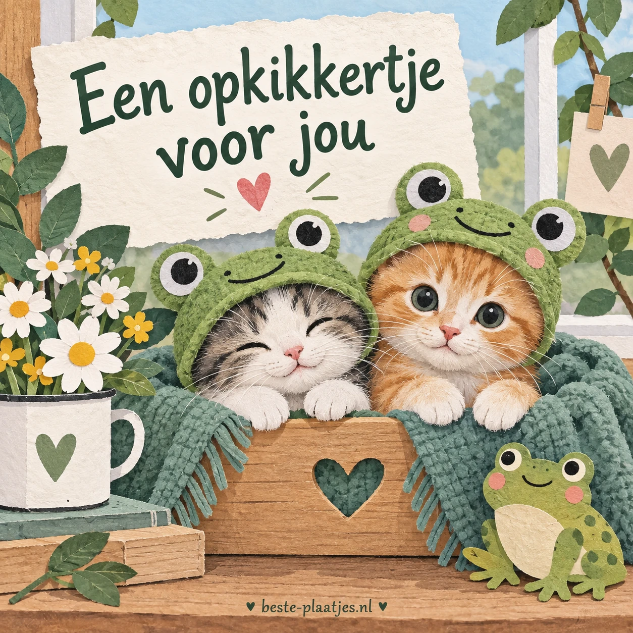 Twee katjes met kikkerhoedjes liggen samen onder een deken. Twee katjes met kikkerhoedjes liggen samen onder een deken.
