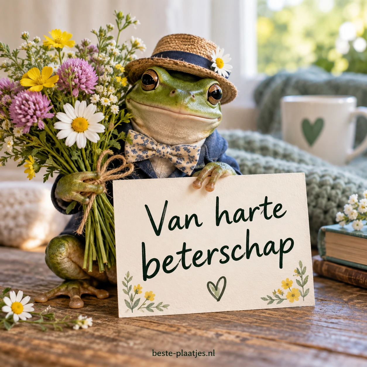 Een kikker met hoed houdt een boeket bloemen en beterschapskaart vast. Een kikker met hoed houdt een boeket bloemen en beterschapskaart vast.