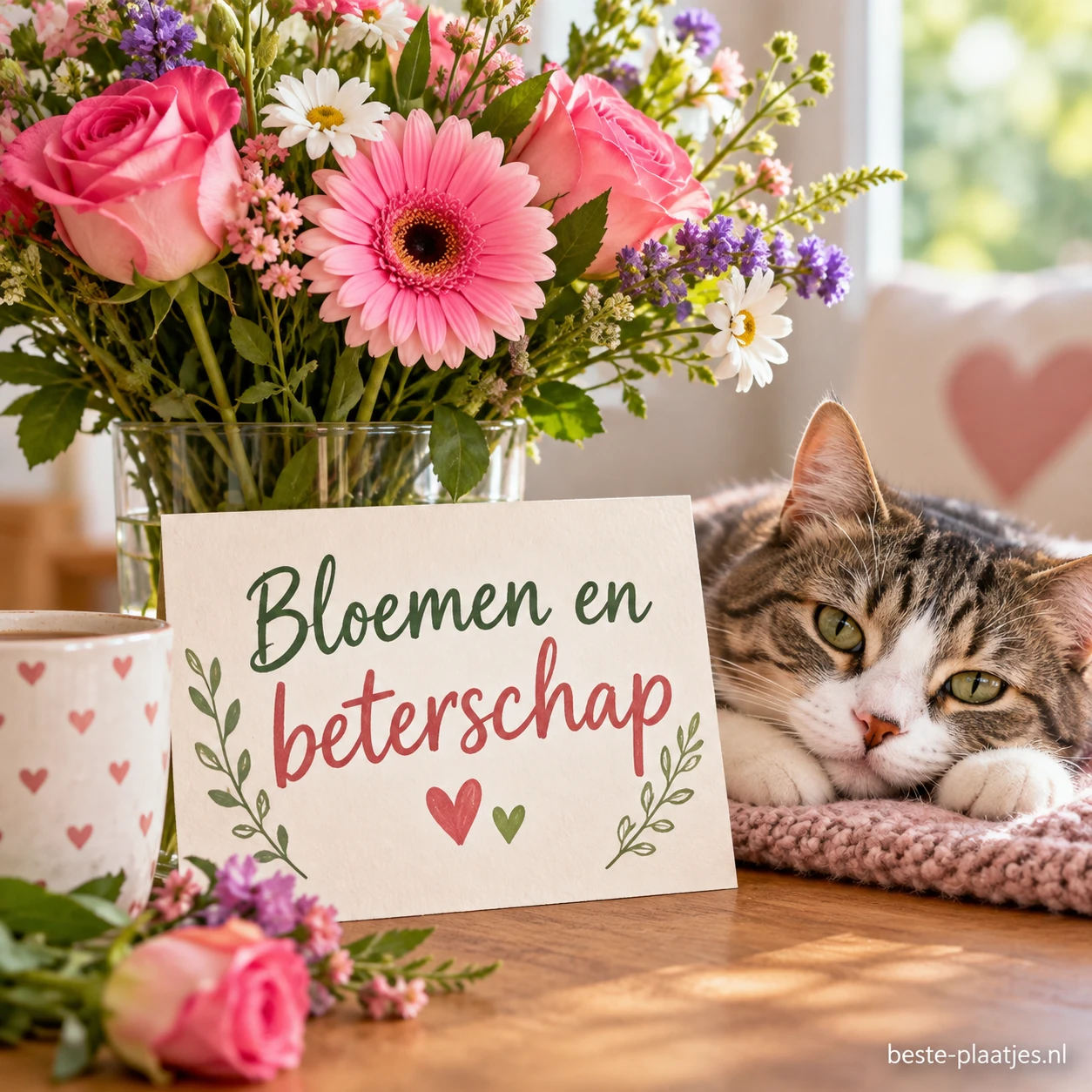 Een boeket roze bloemen staat naast een rustend katje. Een boeket roze bloemen staat naast een rustend katje.