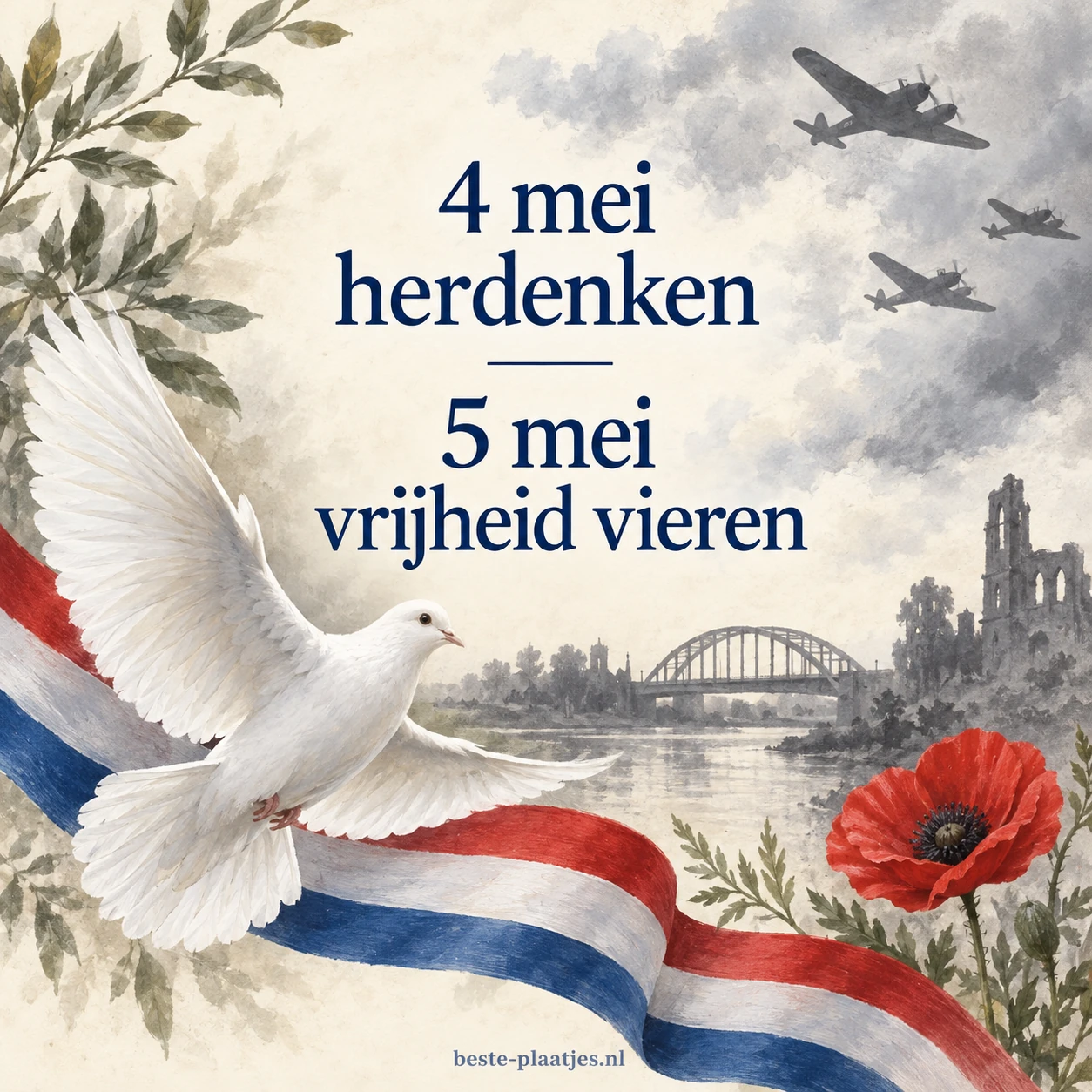 Een witte duif vliegt boven een Nederlandse vlag en een rode klaproos voor een herdenkingslandschap. Een witte duif vliegt boven een Nederlandse vlag en een rode klaproos voor een herdenkingslandschap.