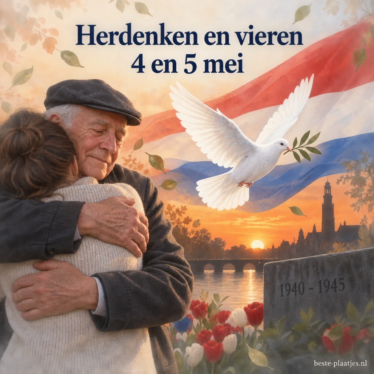 Een oudere man omhelst een jongere persoon naast een vredesduif, een vlag en een herdenkingssteen. Een oudere man omhelst een jongere persoon naast een vredesduif, een vlag en een herdenkingssteen.