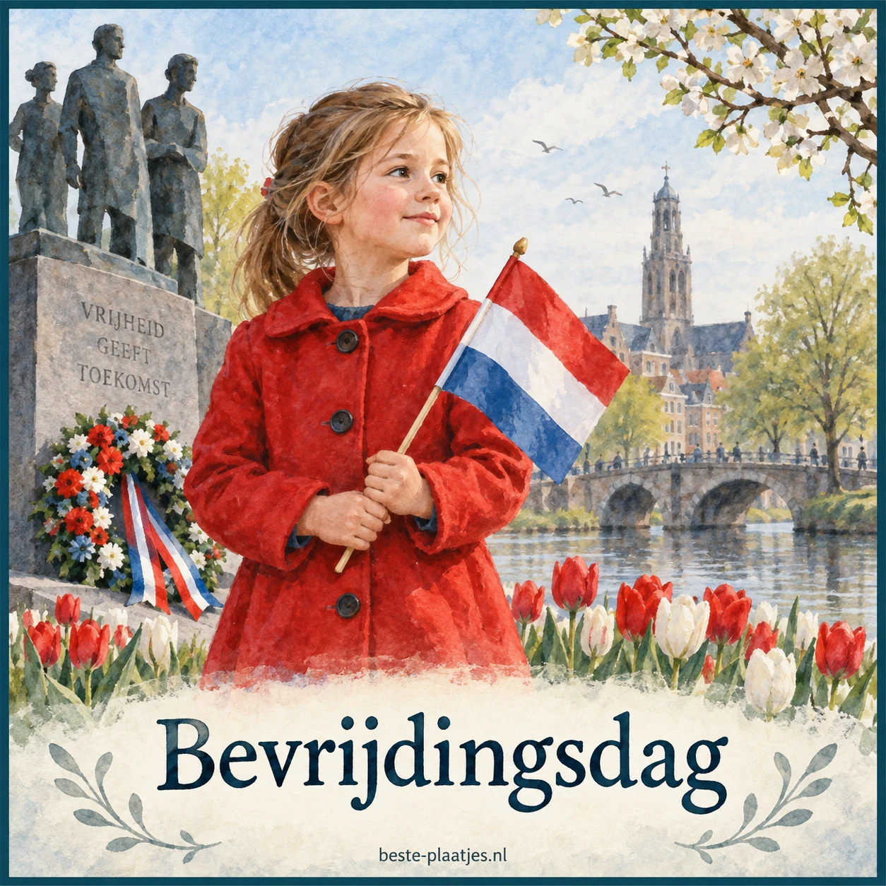 Een kind in een rode jas houdt een Nederlandse vlag bij een monument en bloeiende tulpen. Een kind in een rode jas houdt een Nederlandse vlag bij een monument en bloeiende tulpen.