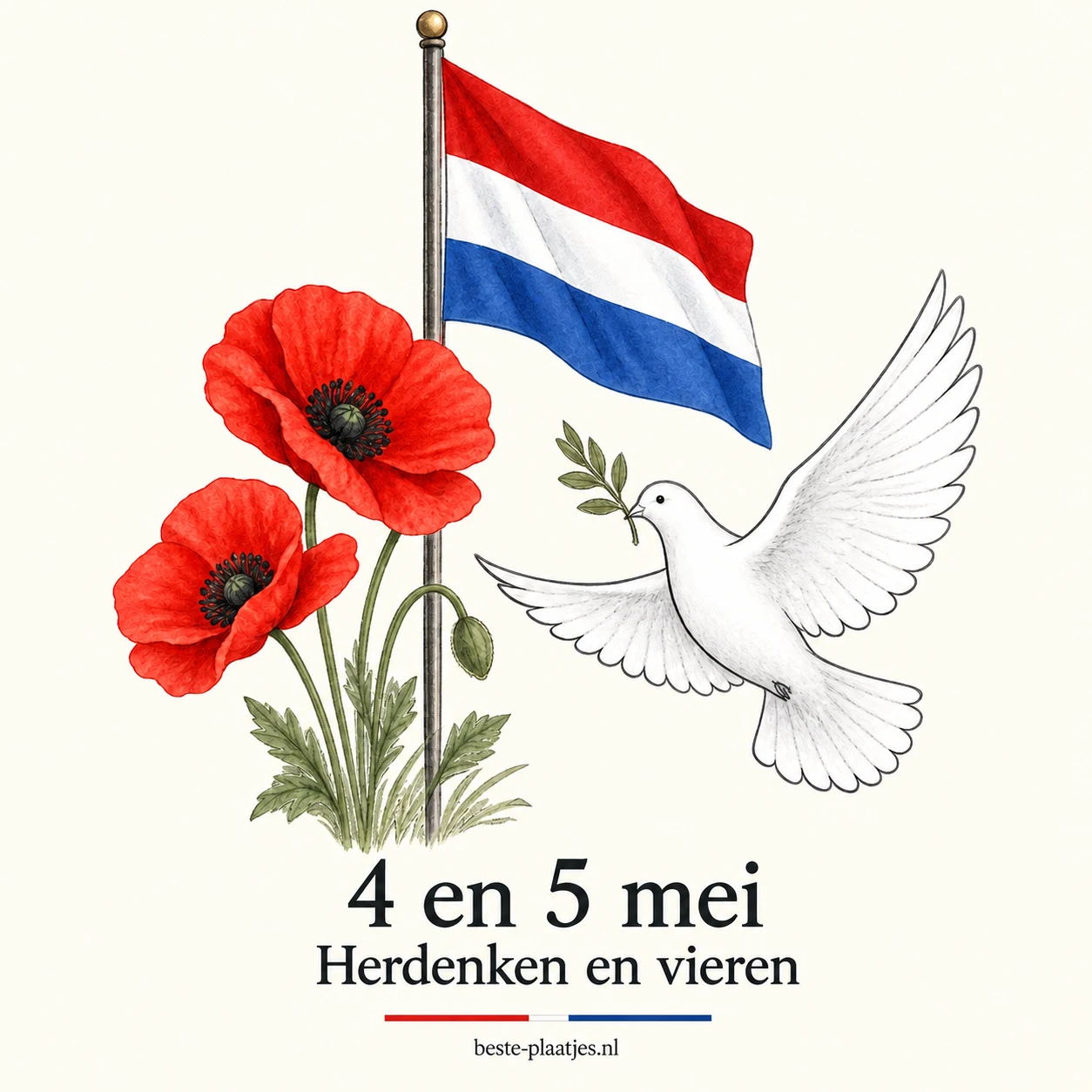 Een witte vredesduif vliegt bij rode klaprozen en een Nederlandse vlag op een lichte kaart. Een witte vredesduif vliegt bij rode klaprozen en een Nederlandse vlag op een lichte kaart.