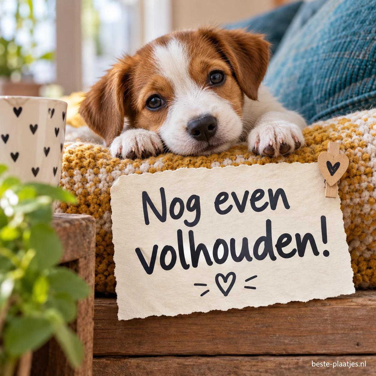 Een jonge hond kijkt over een bord dat nog even volhouden zegt.