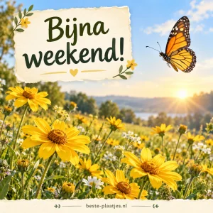 Gele bloemen en een vlinder omlijsten een bijna weekend wens.