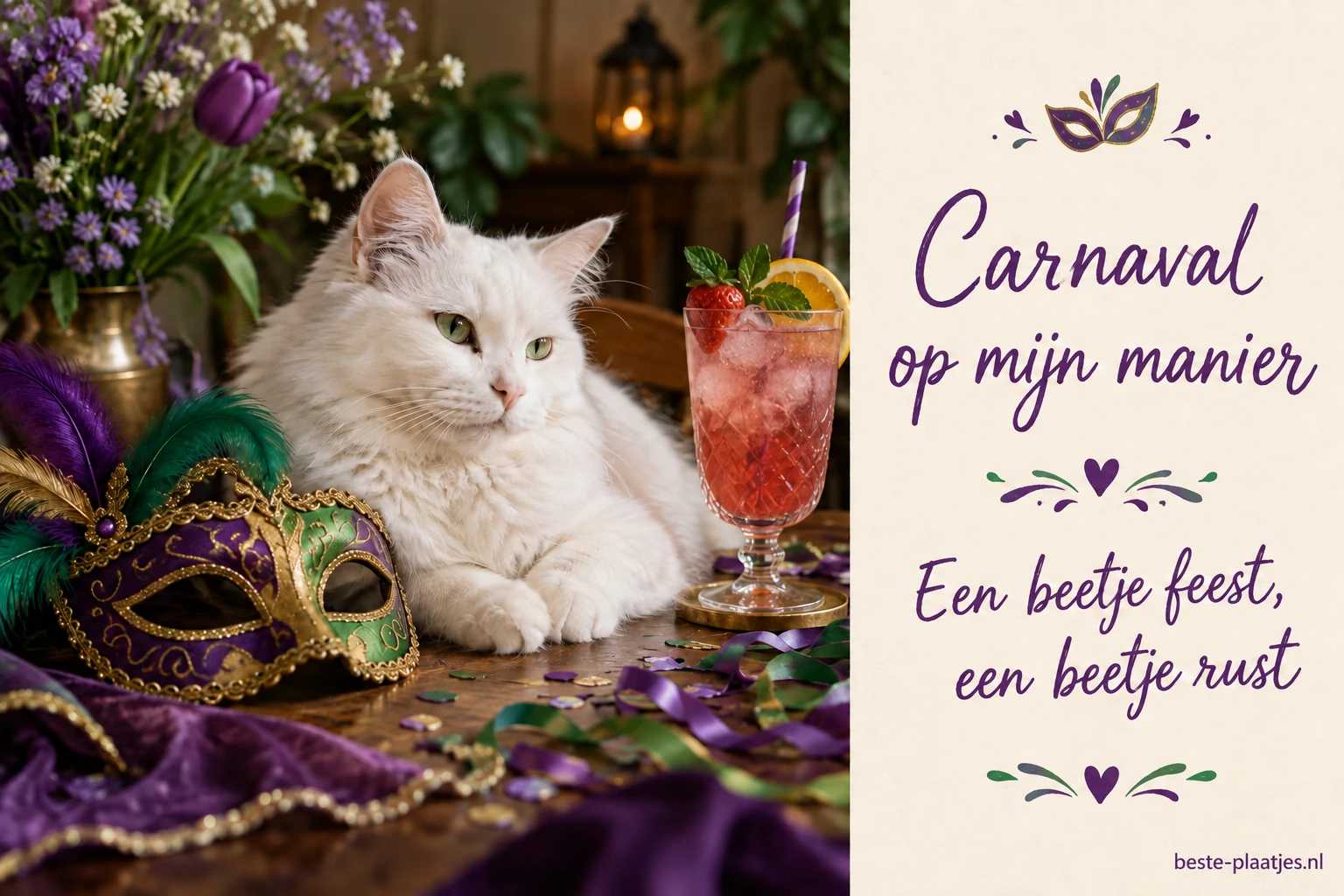 Een kat zit naast een carnavalsmasker en een feestelijk drankje.
