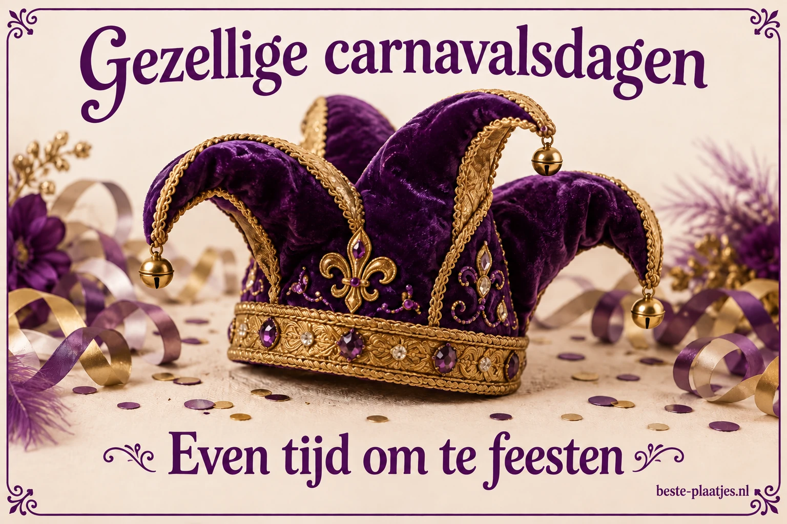 Een paarse narrenhoed is versierd met kralen en gouden details.